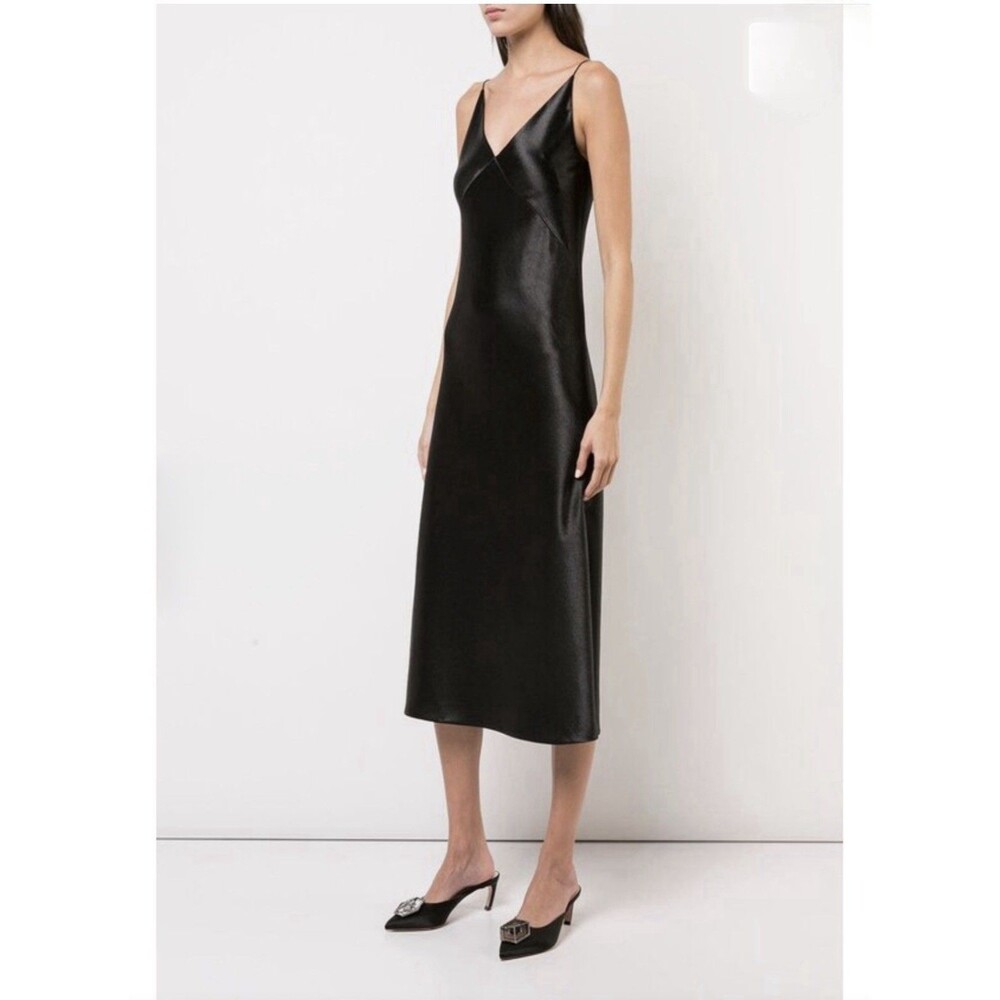 VINCE Black Satin V-Neck Midi Slip Dress Sz M Quiet Luxury Minimalist MSRP $295 - Picture 4 of 16